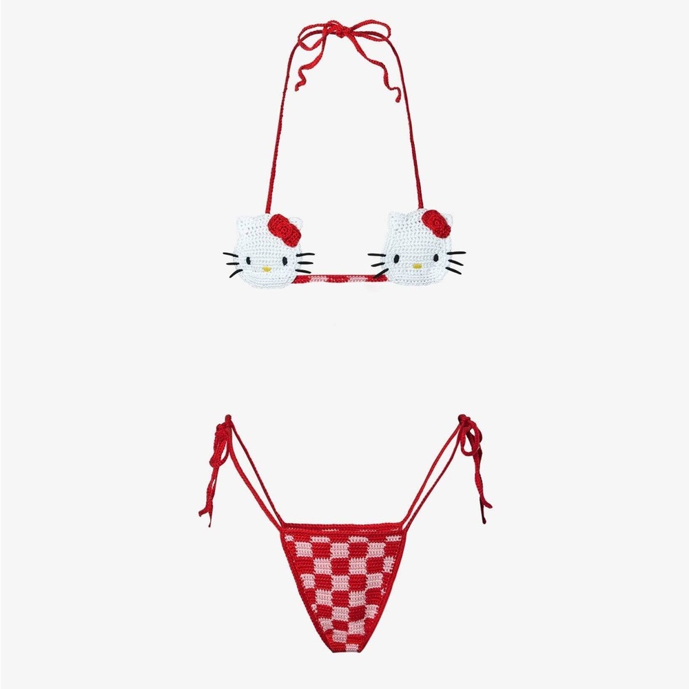 Red and White Crochet Bikini Set hello kitty